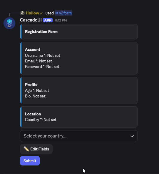 A form opening its modal, taking input, and re-rendering with the filled value