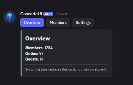 A row of three tab buttons with Overview highlighted, above the card that tab renders