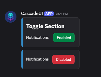 A section reading Notifications with a green Enabled button, and the same section with a red Disabled one